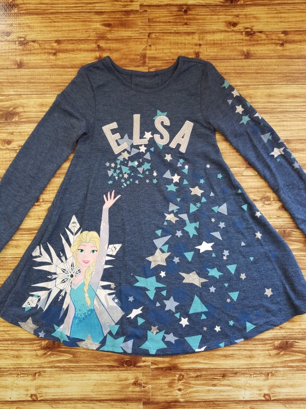 Disney Frozen Elsa Twirly Dress Navy Blue Stars Snowflake Girls Medium M 7-8